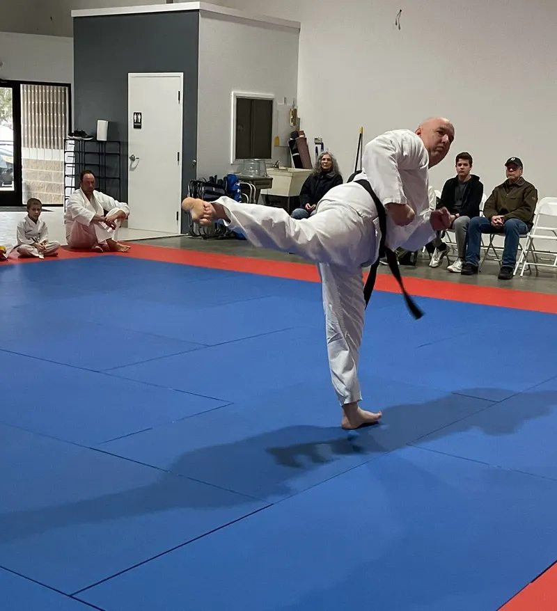 Master Bryn Tiemeyer performing a high kick at BT Martial Arts