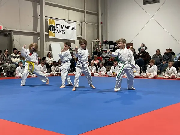 Young students performing Taekwondo forms at BT Martial Arts